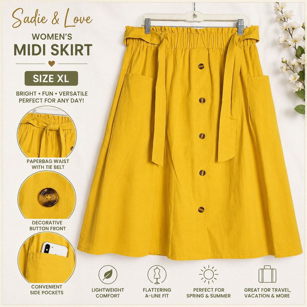 Sadie & Love Women's XL Yellow Midi Skirt Button Front Tie Waist Pockets Casual